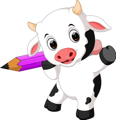 Cute Baby Cow Holding Pencil Stock Vector Illustration Of Isolated
