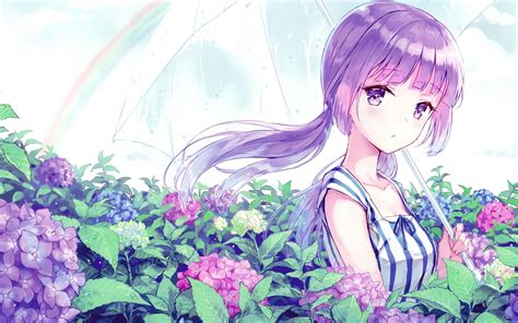 Desktop Wallpaper Purple Hair Anime Girl Art Wink Hd