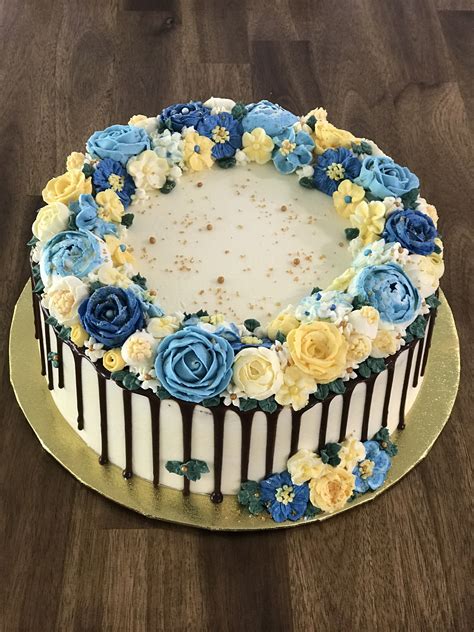 Buttercream Floral Cake Blue And Yellow Colour Scheme Buttercream