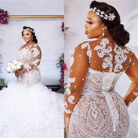 Plus Size Illusion Long Sleeve Wedding Dresses 2021 Sexy African Nigerian Jewel Neck Lace Up
