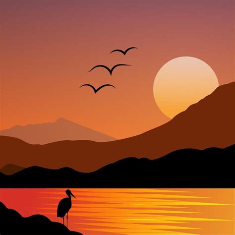 Premium Vector Sunset Landscape With Bird Silhouettes