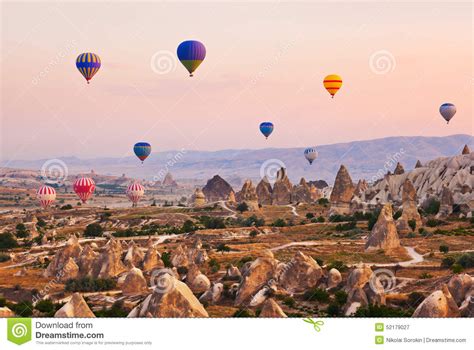 Hot Air Balloon Flying Over Cappadocia Turkey Stock Image Image Of