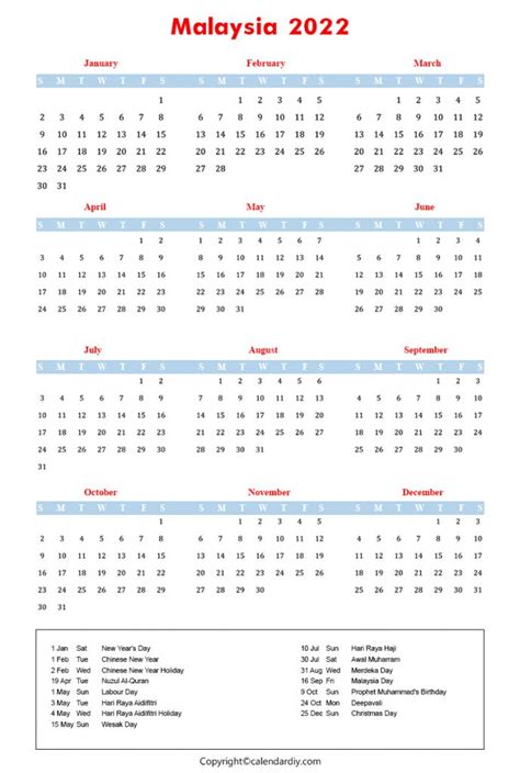 Free Printable Malaysia Calendar 2022 With Holidays