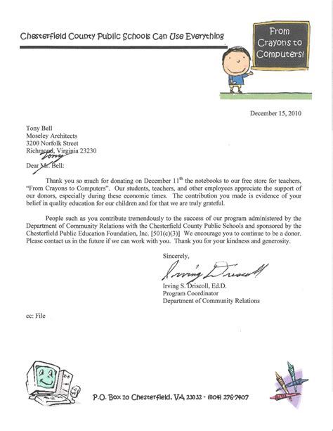 Sample Thank You Letter For Donation Of School Supplies Free Letter