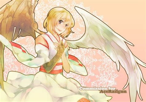 safebooru 1girl angel angel wings asymmetrical wings blonde hair borrowed character cassie