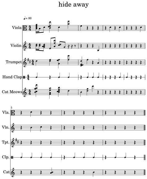 Hide Away Sheet Music For Viola Violin Trumpet Drum Set Cat Meows