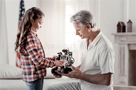 Adorable Brunette Girl Playing With Grandpa Stock Image Image Of