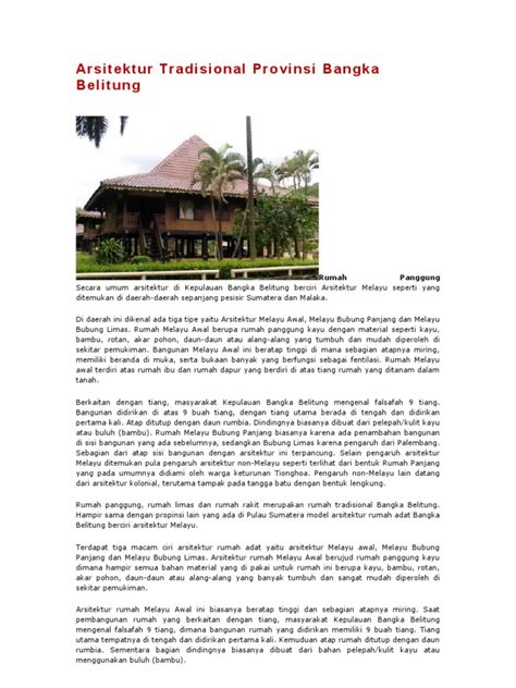 Itulah penjelasan singkat tentang tarian daerah tradisional indonesia. Arsitektur Tradisional Provinsi Bangka Belitung