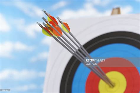 Arrows In Bullseye Of Target Focus On Arrows Close Up High Res Stock