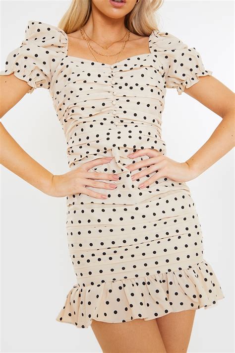 Shaughna Phillips Nude Polka Dot Sweetheart Puff Sleeved Tiered Frill
