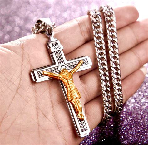Large Gothic Crucifix Cross Necklace For Men Silver Gold Heavy Stainless Steel Thick Curb Chain