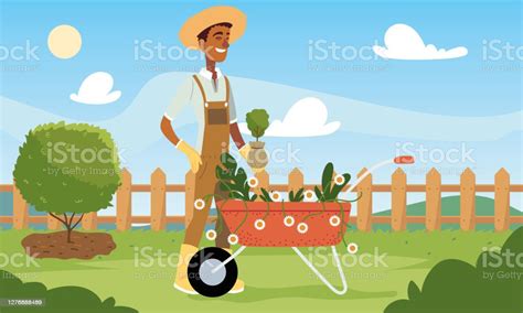 Gardener Man Cartoon With Flowers Wheelbarrow And Plant Vector Design