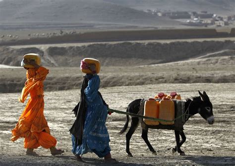 Afghan Kochi Nomad Women Carry Water Containers On Their Heads As They