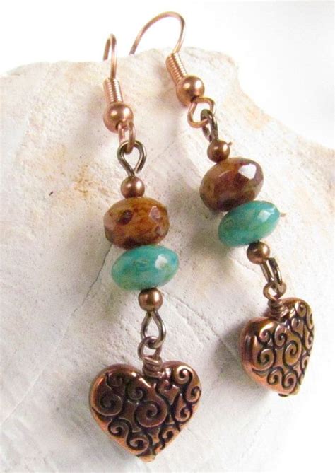 Copper And Turquoise Glass Beaded Dangle Earrings With Heart Etsy