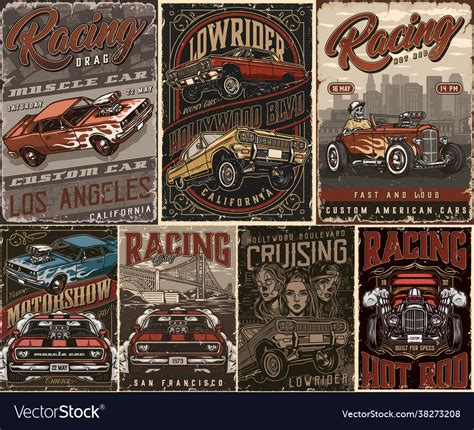 Custom Cars Vintage Posters Set Royalty Free Vector Image