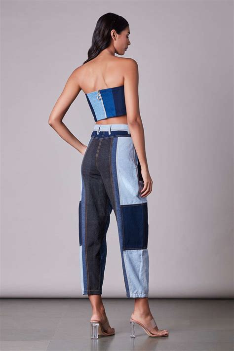 Buy Saaksha And Kinni Blue Denim Patchwork Bandeau Crop Top Online Aza Fashions