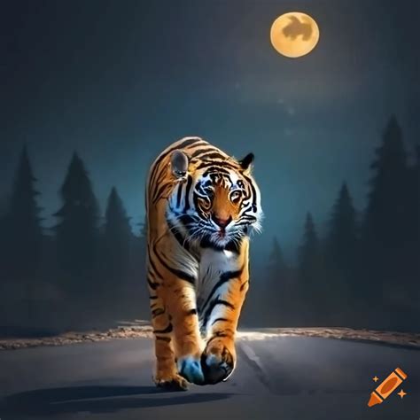 Image Of A Bengal Tiger Walking On A Road At Night On Craiyon