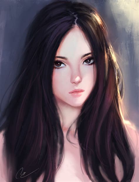 hình nền đối mặt hình minh họa đàn bà mô hình chân dung tóc dài anime Đỏ tóc đen