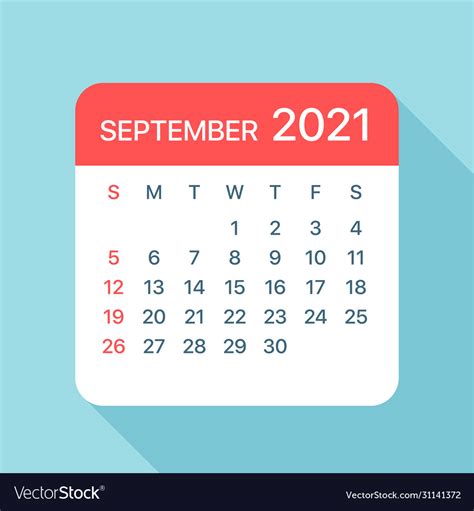 September 2021 Calendar Leaf Royalty Free Vector Image
