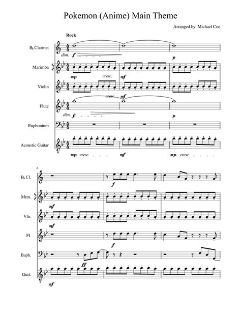 Free easy clarinet sheet music. Pokemon (Anime) Main Theme Sheet music for Clarinet, Violin, Flute, Percussion | Download free ...