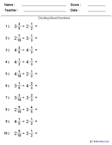 Dividing Fractions And Mixed Numbers Worksheets 7th Grade