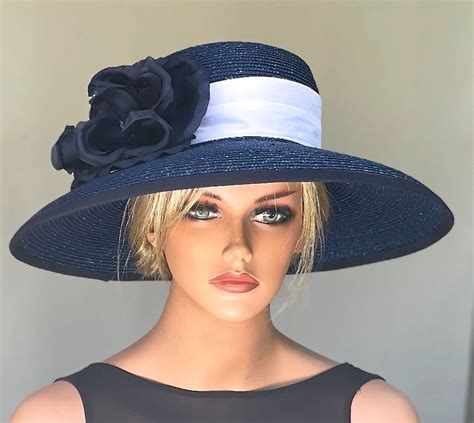 Womens Navy Derby Hat Wedding Hat Ladies Formal Navy Hat Wide Brim
