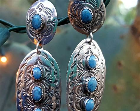 Anna Begay Navajo Hand Stamped Sterling Silver And Turquoise Dangle