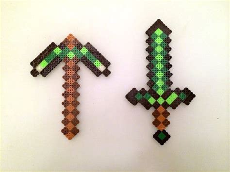 Minecraft Set Of 2 Emerald Sword And Pick Axe Made With Perler Beads By