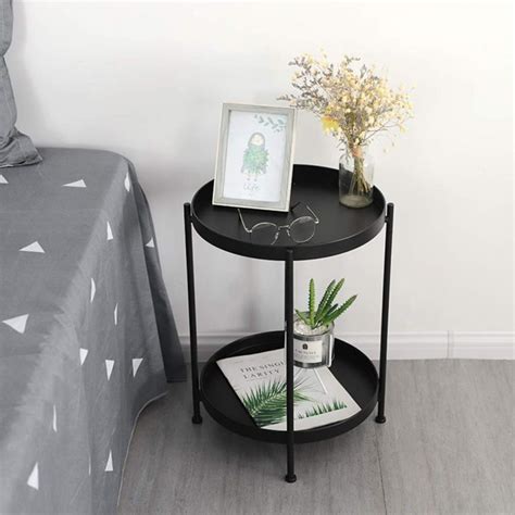 Round Black Bedside Tray Table With Lower Shelf Modern Bedroom Design