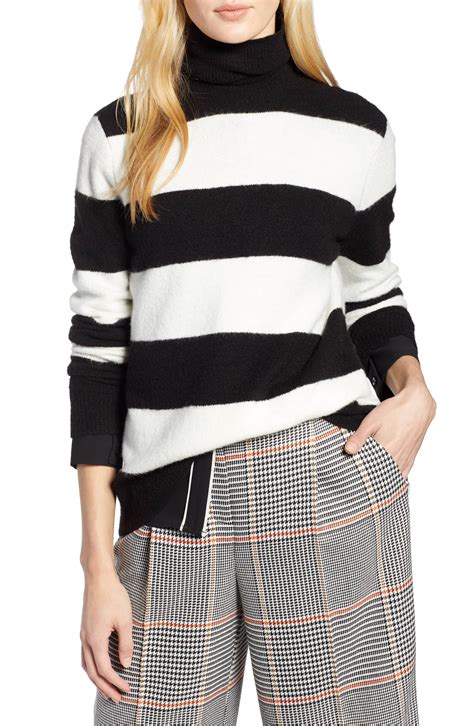 Stripe Turtleneck Sweater Black White Wide Womens