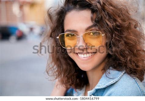 Portrait Happy Multiethnic Young Woman Curly Stock Photo 1804416799