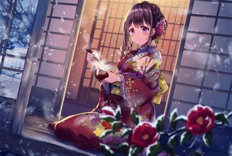 Download 2092x1409 Anime Girl Kimono Sit Snow Ramen Flowers