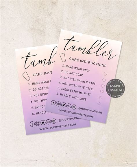 Tumbler Care Card Printable Care Cards Editable Care Etsy Craft