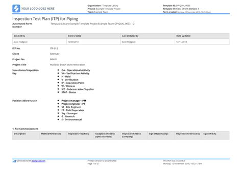 Inpsection Test Plan For Piping Editable Template Better