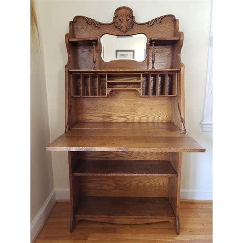Antique Signed Larkin Oak Drop Front Secretary Desk With Bookcase
