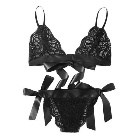 Women Lingerie Sexy Lace Set Open Crotch Thong Halter Bow Bra