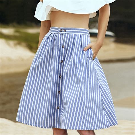 Striped A Line Blue Single Breasted Skirt Women 2018 Spring Summer Casual High Waist Knee Length