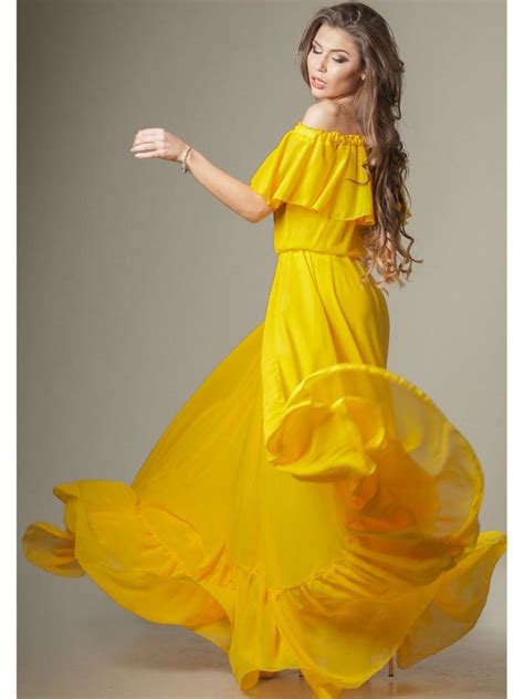 Bridesmaid Summer Wedding Yellow Maxi Dressfloor Length Party Open Shoulder Chiffon Dress