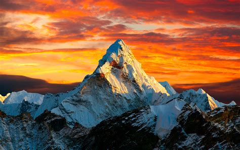 Sunset In Himalayan Mountain Mount Everest Between Nepal And China