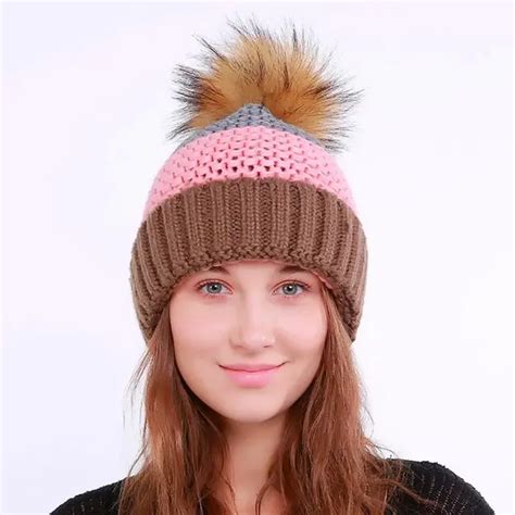 Buy 1pcs Warm Crochet Winter Hat Faux Fur Pom Poms Hats For Women Girl Knitted