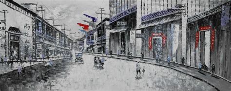 Handpainted White And Black China Shanghai Street Landscape Oil Canvas