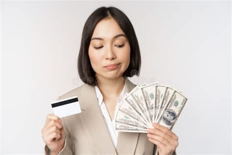 Thoughtful Businesswoman Korean Corporate Woman Showing Credit Card