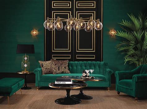 A Luxurious Sitting Room With Dark Green Walls And Dark Green Velvet