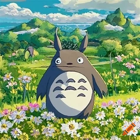 Totoro Beloved Character On The Flowers Field And Sunny Day Concept