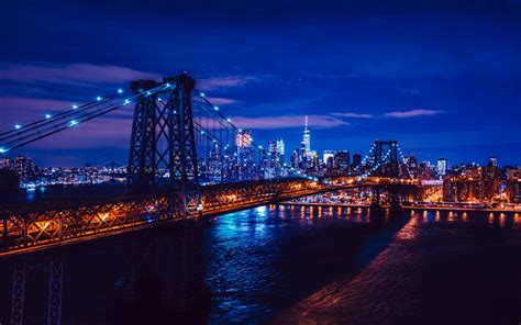 Download Wallpapers Brooklyn Bridge 4k Blue Illumination Nghtscapes