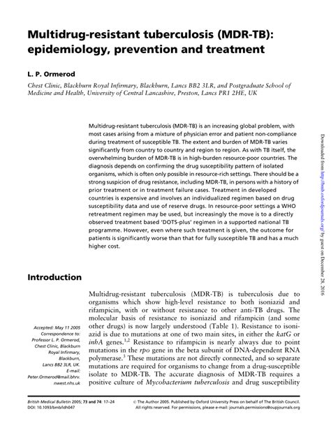 pdf multidrug resistant tuberculosis mdr tb epidemiology prevention and treatment