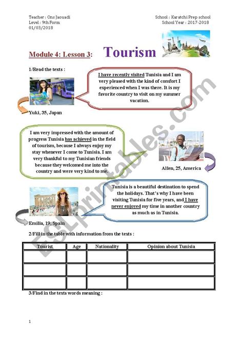 Tourism Esl Worksheet By Dandounia