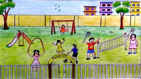 How To Draw Scenery Of Childrens Playground Step By Step Youtube