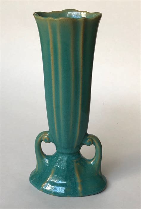 Vintage Mccoy Pottery Turquoise Fluted Bud Vase With Handles Etsy