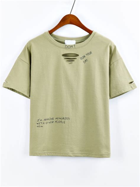 Olive Green Letter Print Ripped T Shirt Sheinsheinside